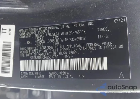 2021 Toyota Highlander Le z USA, uszkodzony, nr VIN 5TDBZRBH3MS551760